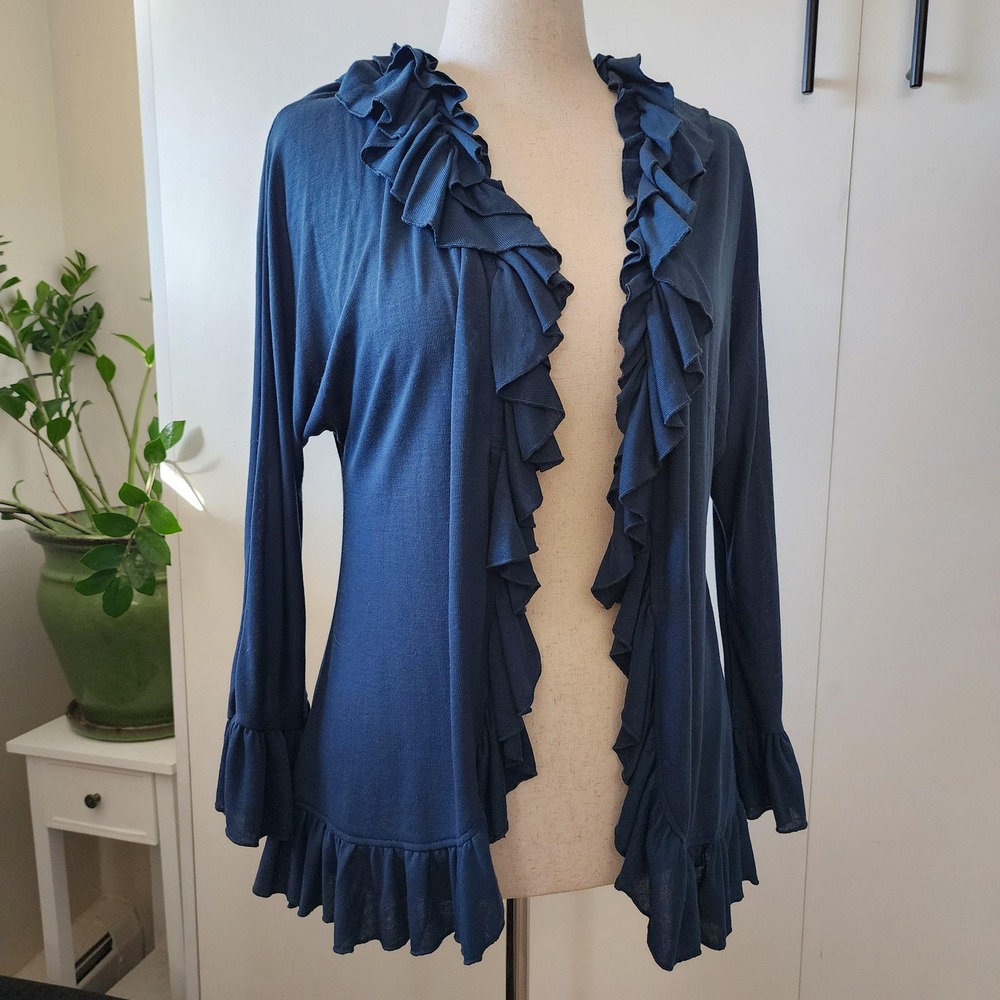 Dark teal open front ruffle edge long sleeve cardigan, front hook closure